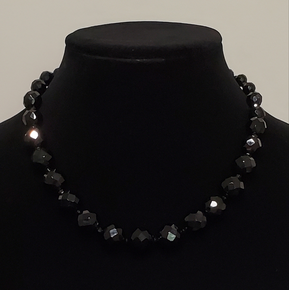 Unsigned Silver Tone & Jet Black Faceted Glass Bead Single Strand Necklace